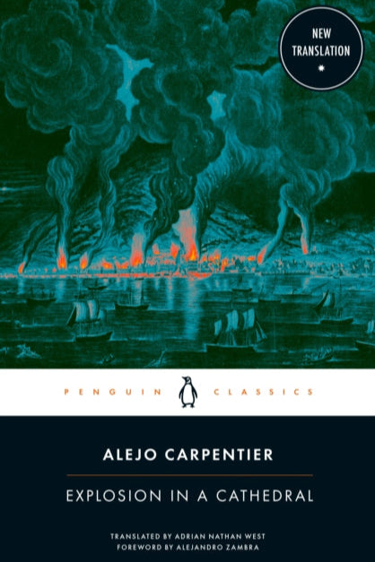 Book cover of 'Explosion in a Cathedral' by Alejo Carpentier with a dark green and black color scheme.