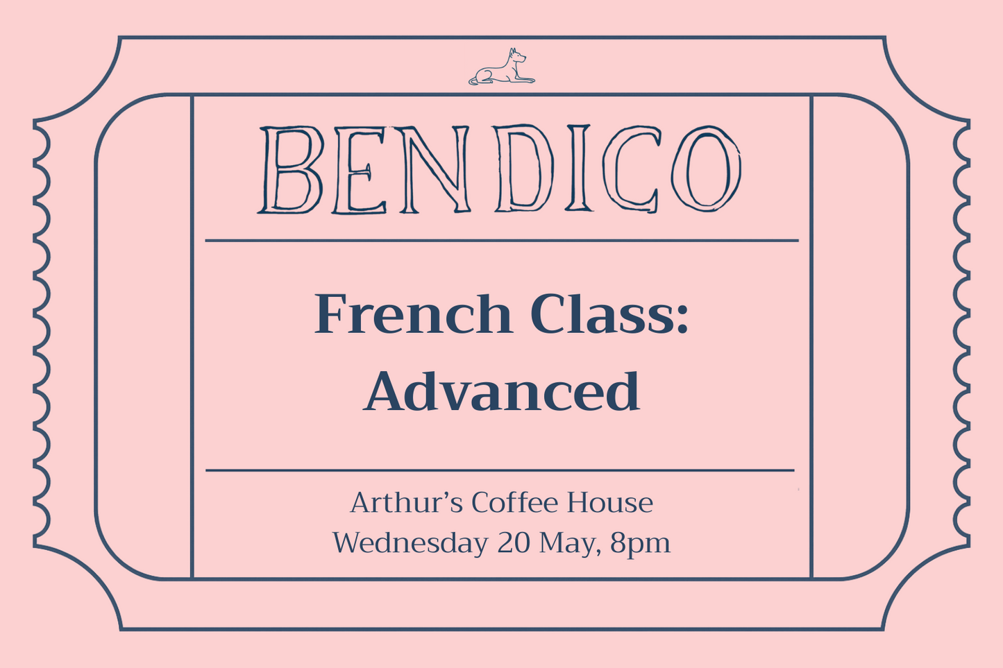 Advertisement for a French class titled 'Advanced' at Arthur's Coffee House on a pink background.