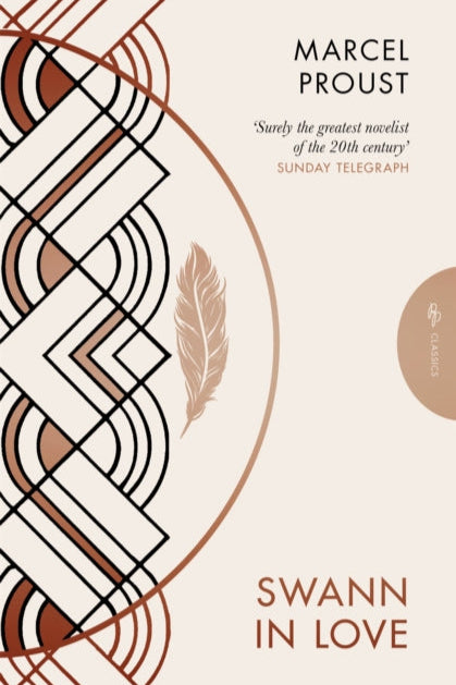 Book cover of 'Swann in Love' by Marcel Proust with geometric design and feather illustration.