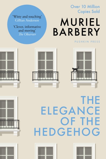 Book cover of 'The Elegance of the Hedgehog' by Muriel Barbery with a beige background and white windows.
