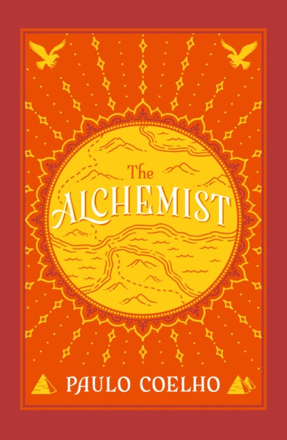 Book cover of 'The Alchemist' by Paulo Coelho with an orange background and yellow text.
