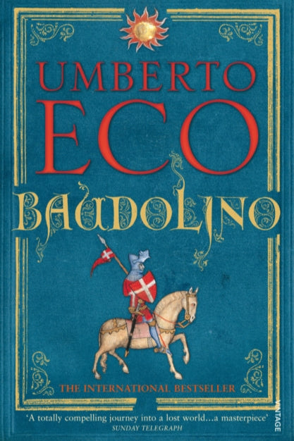 Book cover of 'Baudolino' by Umberto Eco with a blue background and decorative elements.