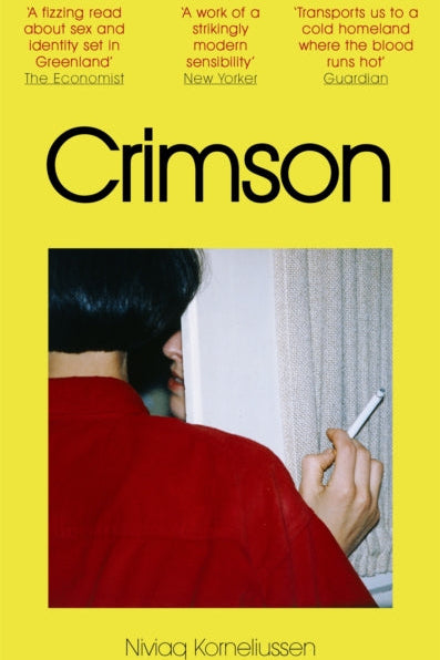 Book cover of 'Crimson' with a person in a red coat looking through a window.