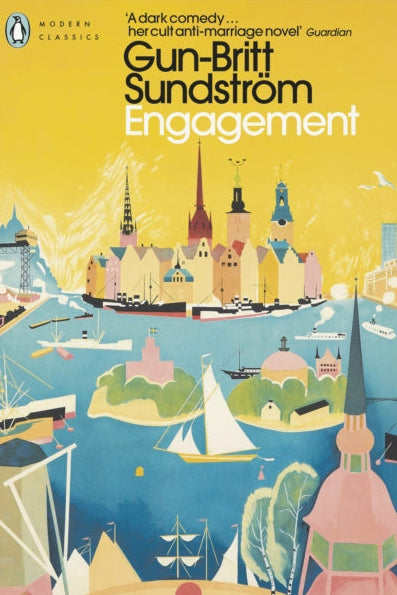 Book cover of 'Engagement' by Gun-Britt Sundstrom with a colorful illustration of a cityscape.