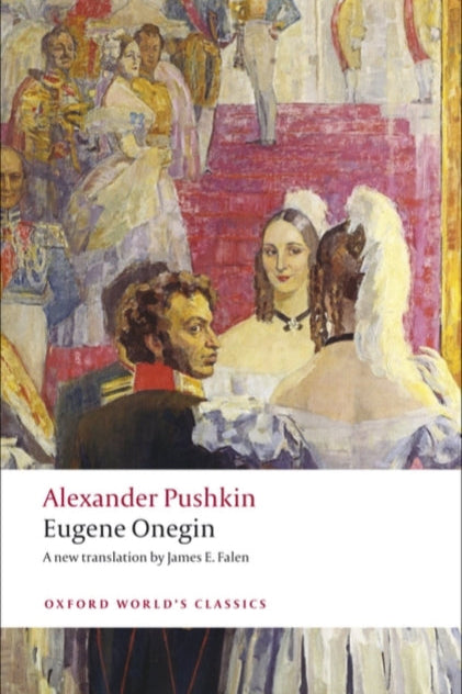 Book cover of 'Eugene Onegin' by Alexander Pushkin with a painting of people in formal attire.