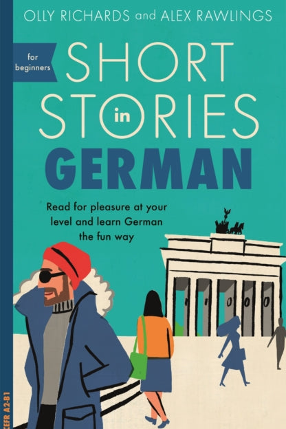 Book cover of 'Short Stories in German' with people walking in front of a building.