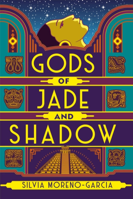 Book cover of 'Gods of Jade and Shadow' with decorative elements and silhouette of a person.