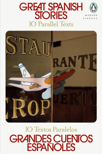 Book cover of 'Great Spanish Stories' with a restaurant sign illustration.