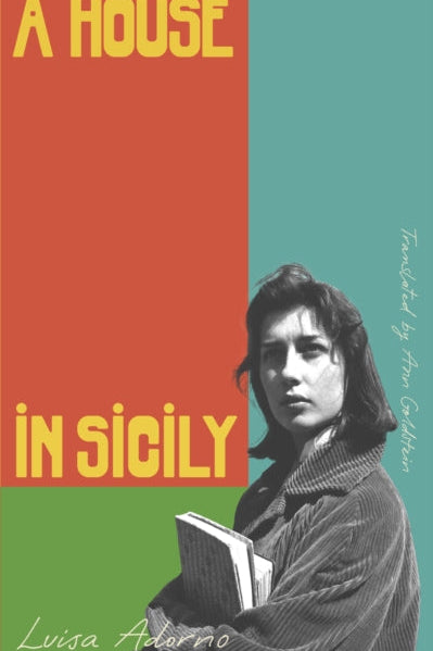 Book cover of 'A House in Sicily' with a person holding a book against a multicolored background.