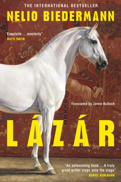 Book cover of 'Lózar' featuring a white horse against a red background