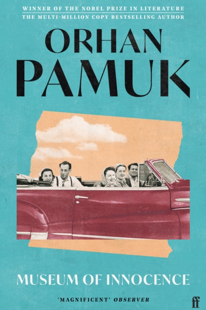 Book cover of 'Museum of Innocence' by Orhan Pamuk with a vintage car and people on a blue background.