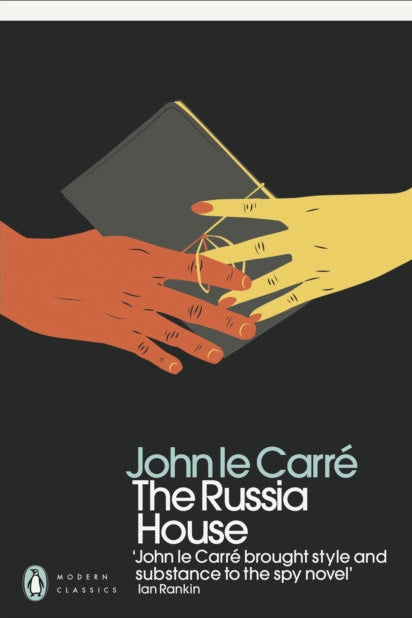 Book cover of 'The Russia House' by John le Carré with two hands exchanging a briefcase.