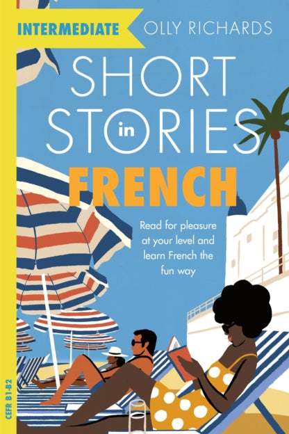 Book cover of 'Short Stories in French' by Olly Richards with a beach scene illustration.