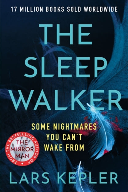 Book cover of 'The Sleep Walker' by Lars Kepler with a dark background and blue accents.