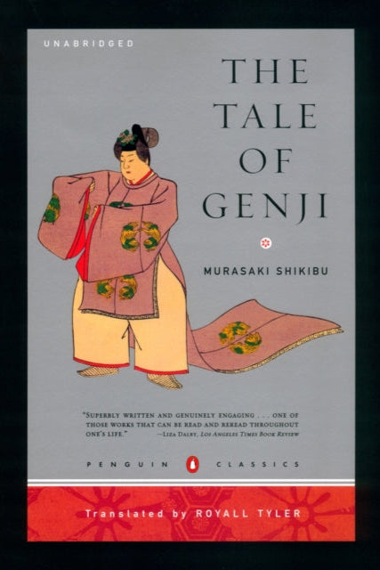 Book cover of 'The Tale of Genji' by Murasaki Shikibu with a gray background and red border.