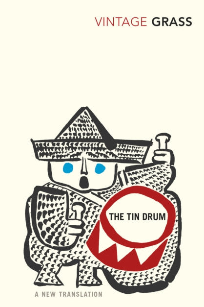 Book cover of 'The Tin Drum' by Vintage Grass with a stylized illustration of a character holding a tin drum.