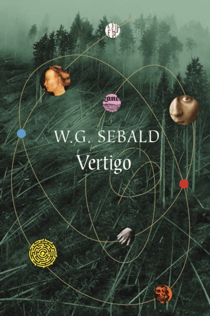 Book cover of 'Vertigo' by W.G. Sebald with abstract design elements on a green background.