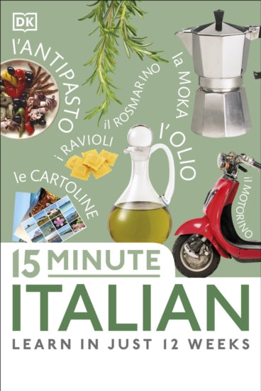 Book cover of '15 Minute Italian' with images of Italian food and culture on a green background.