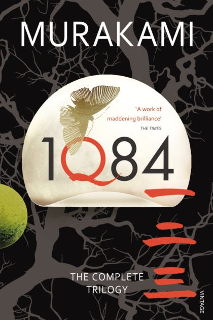 Book cover of '1Q84' by Haruki Murakami with a stylized illustration and text on a dark background.