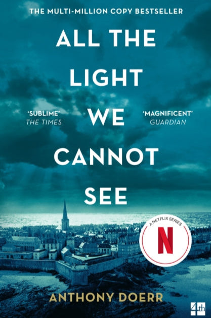 Book cover of 'All the Light We Cannot See' with a blue sky and cityscape.