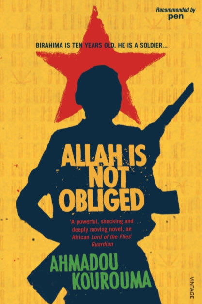 Book cover of 'Allah is Not Obliged' with a silhouette of a person holding a gun and a red star on a yellow background.