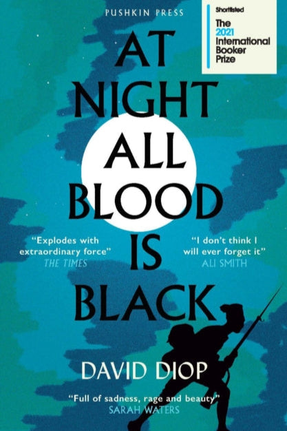 Book cover of 'At Night All Blood is Black' by David Diop with a silhouette and blue background.