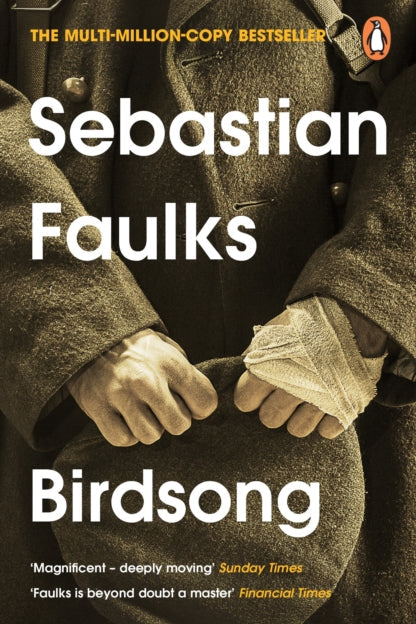 Book cover of 'Birdsong' by Sebastian Faulks with a sepia-toned image of two people holding hands.