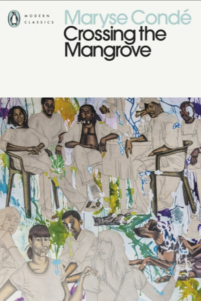 Book cover of 'Crossing the Mangrove' by Maryse Condé with illustrations of people sitting on chairs.