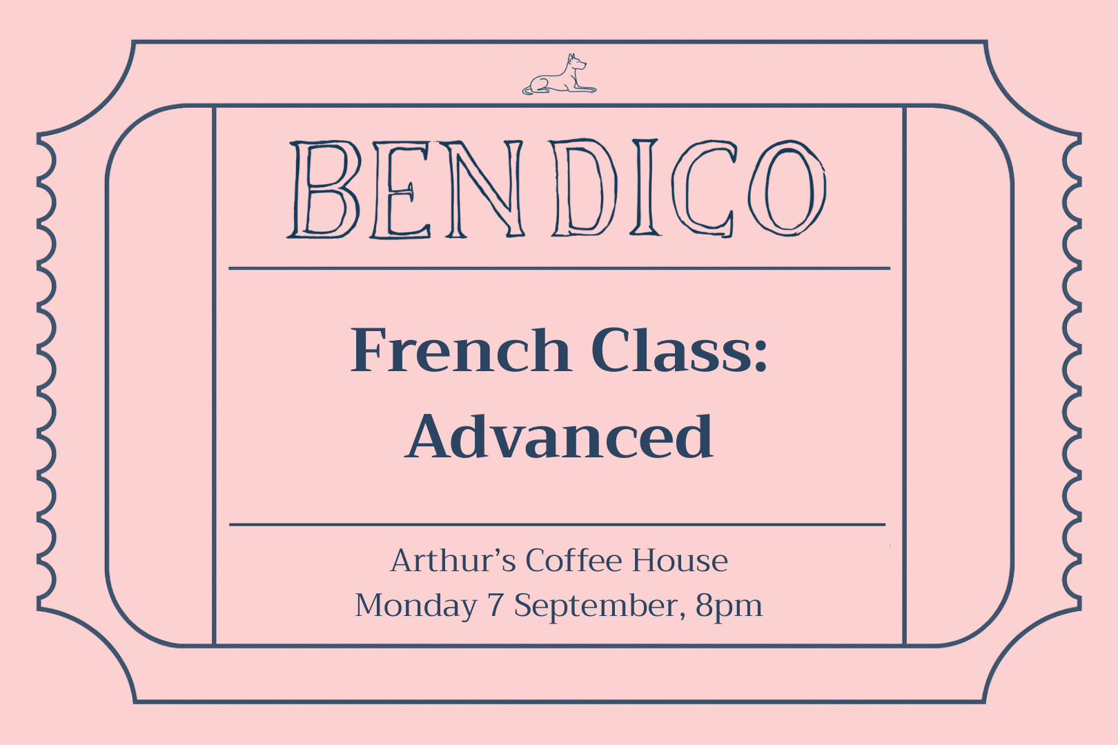 Advertisement for a French class titled 'Advanced' at Arthur's Coffee House on a pink background.