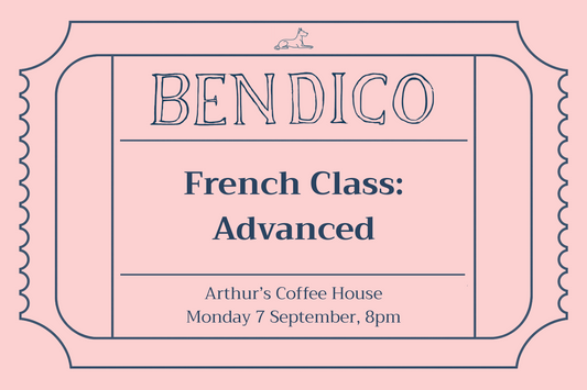 Advertisement for a French class titled 'Advanced' at Arthur's Coffee House on a pink background.