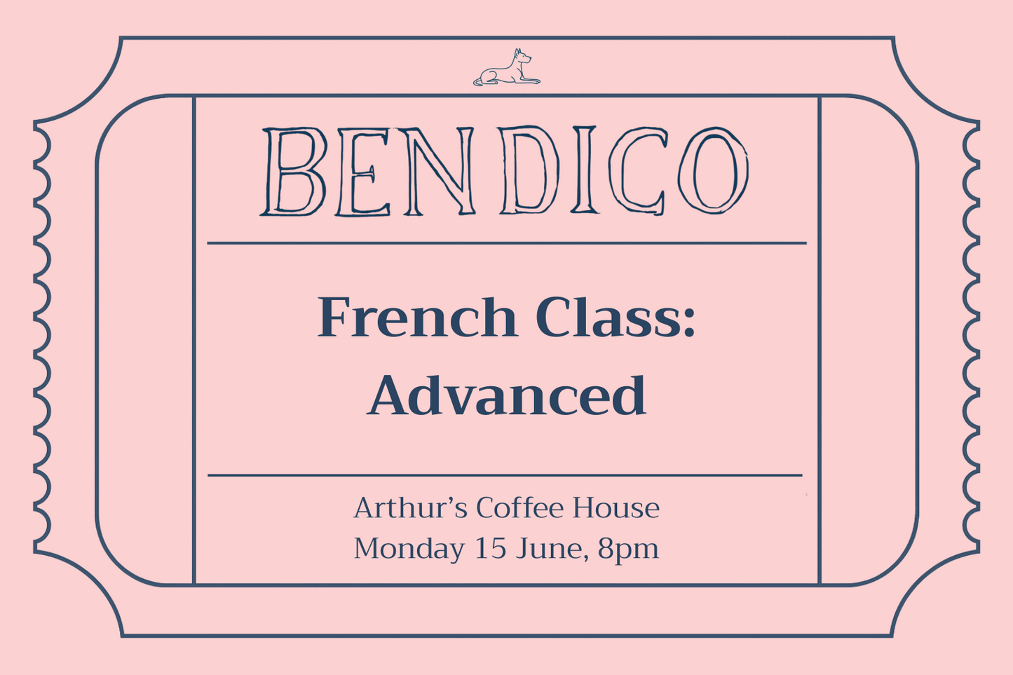 Advertisement for a French class titled 'Advanced' at Arthur's Coffee House on a pink background.
