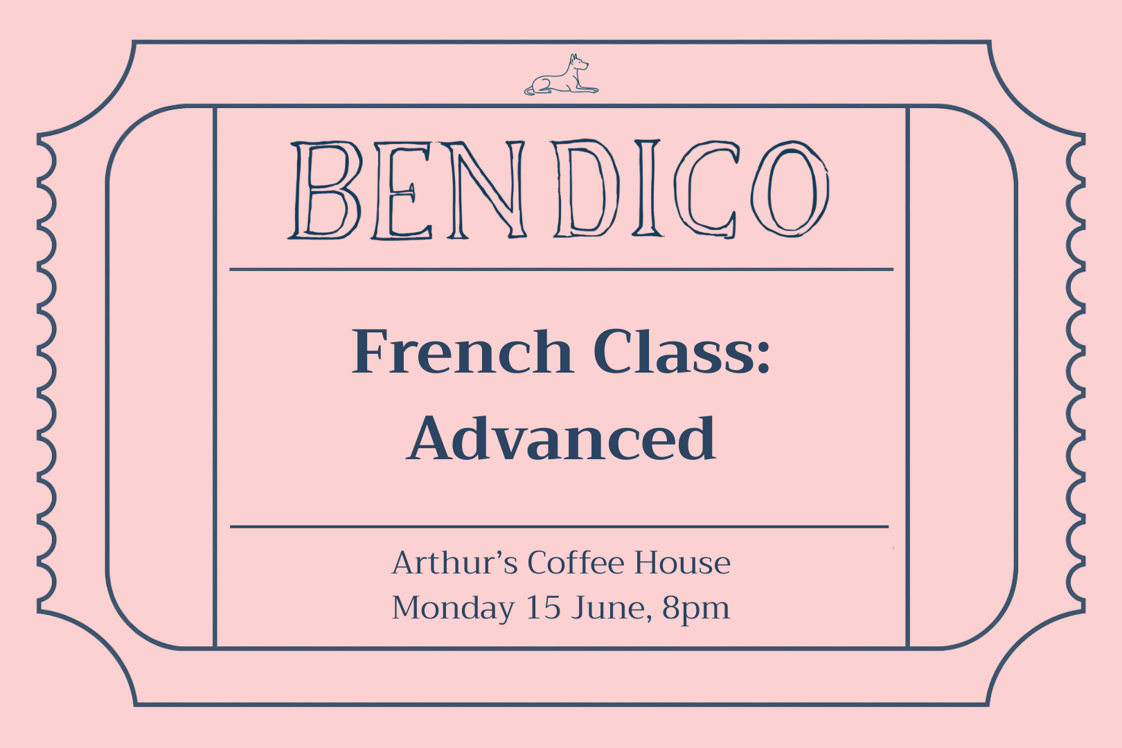 Advertisement for a French class titled 'Advanced' at Arthur's Coffee House on a pink background.