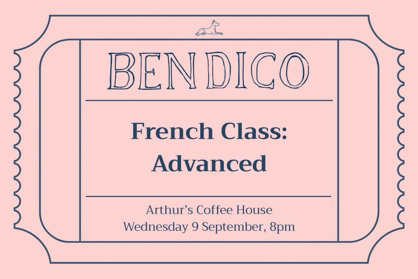 Advertisement for a French class titled 'Advanced' at Arthur's Coffee House on a pink background.
