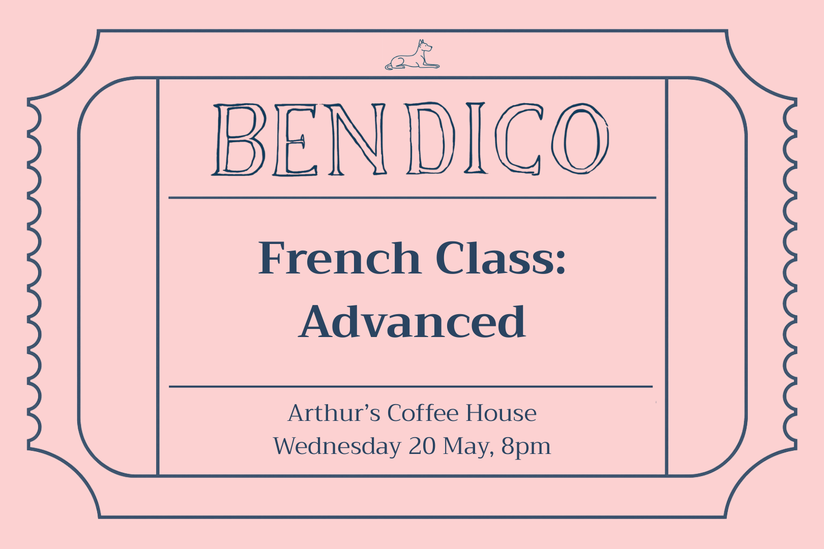 Advertisement for a French class titled 'Advanced' at Arthur's Coffee House on a pink background.