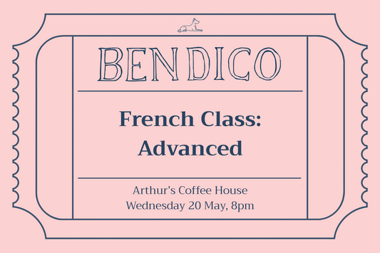 Advertisement for a French class titled 'Advanced' at Arthur's Coffee House on a pink background.