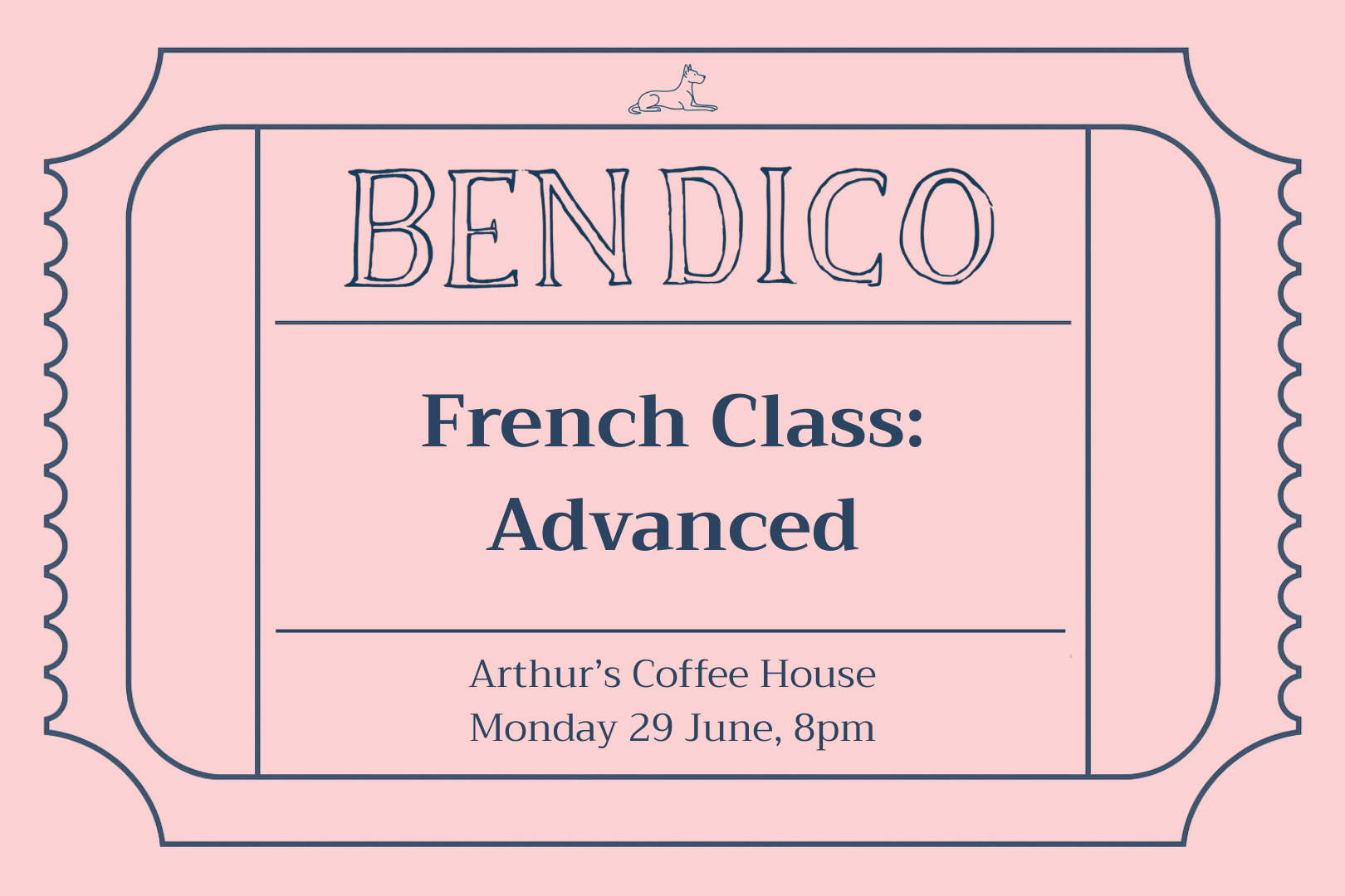 Advertisement for a French class titled 'Advanced' at Arthur's Coffee House on a pink background.