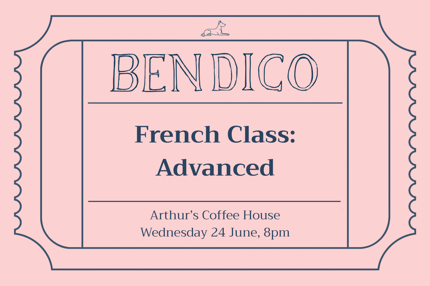 Advertisement for a French class titled 'Advanced' at Arthur's Coffee House on a pink background.