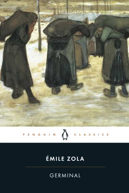 Book cover of 'Germinal' by Emile Zola with a painting of people in dark clothing in the snow.