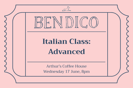 Advertisement for an Italian class with 'Bendico' branding on a pink background