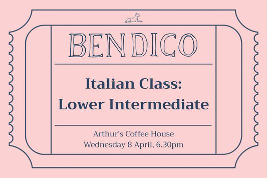 Advertisement for Bendico Italian Class on a pink background