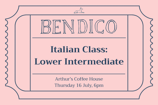 Advertisement for Bendico Italian Class on a pink background