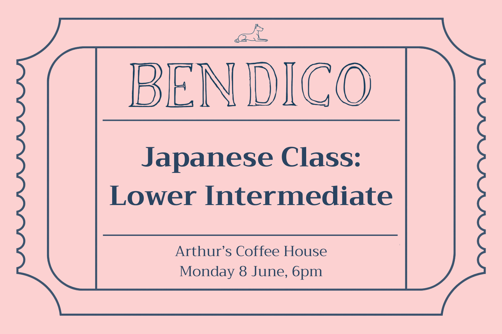 Promotional poster for a Japanese class with 'Bendico' branding on a pink background