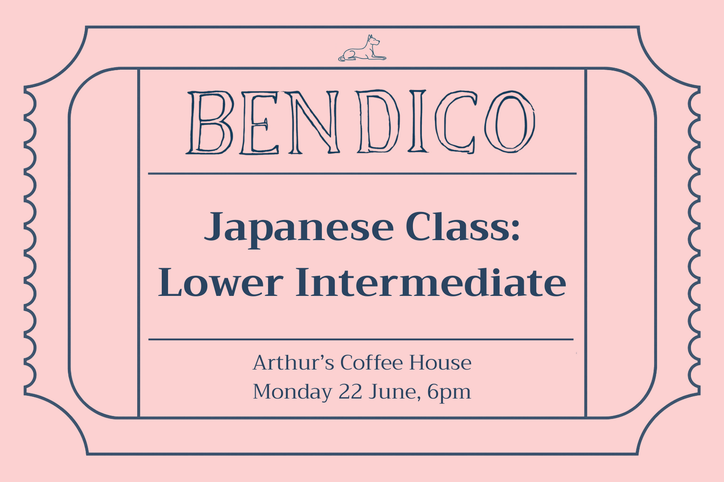 Promotional poster for a Japanese class with 'Bendico' branding on a pink background