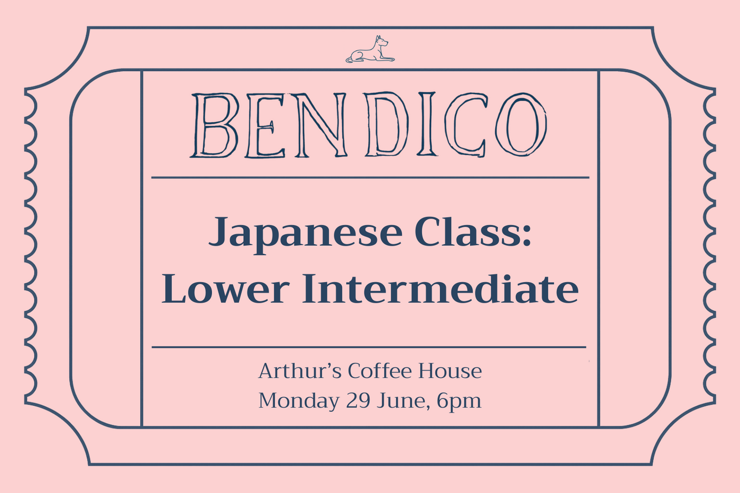 Promotional poster for a Japanese class with 'Bendico' branding on a pink background