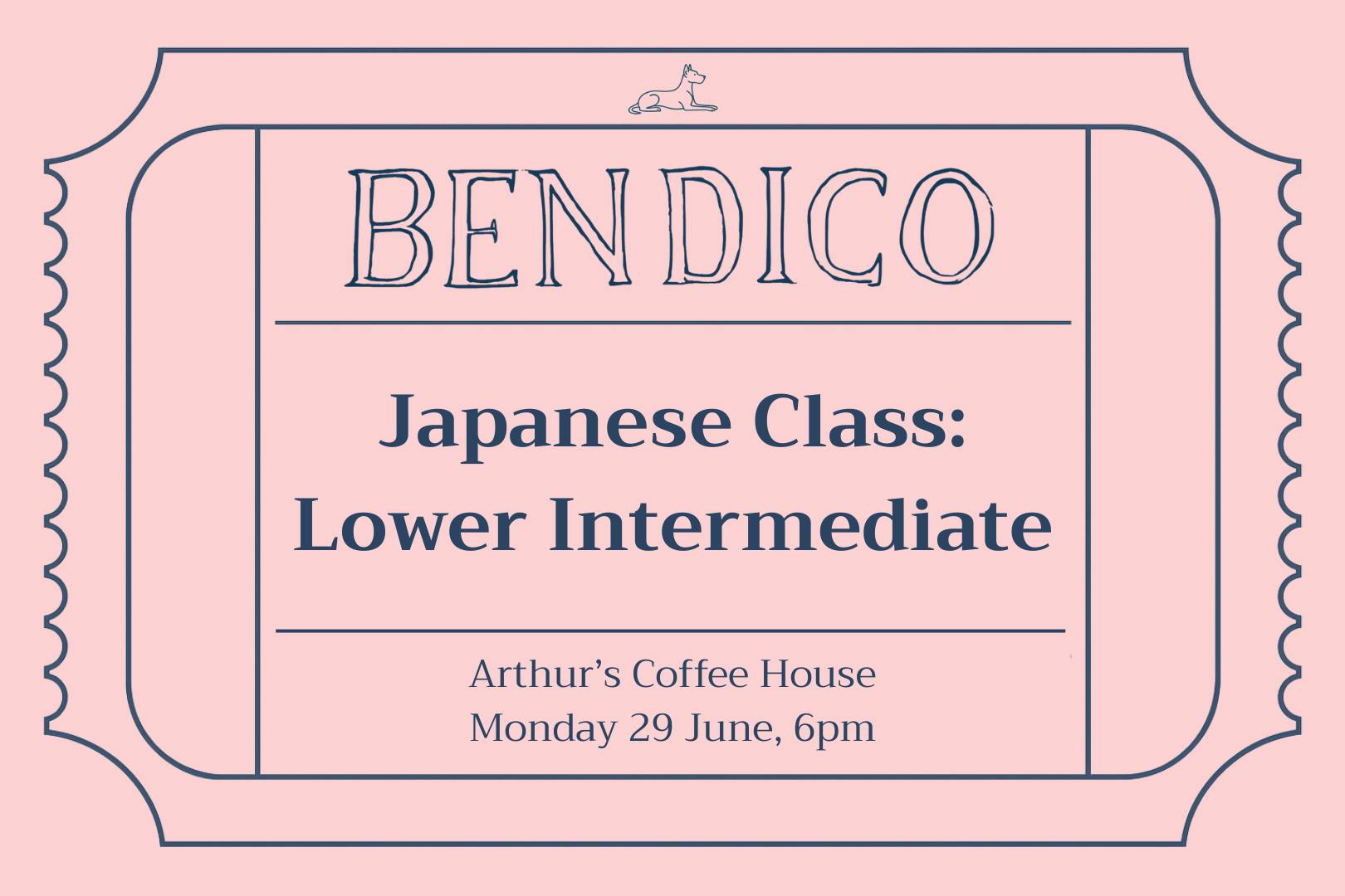 Promotional poster for a Japanese class with 'Bendico' branding on a pink background