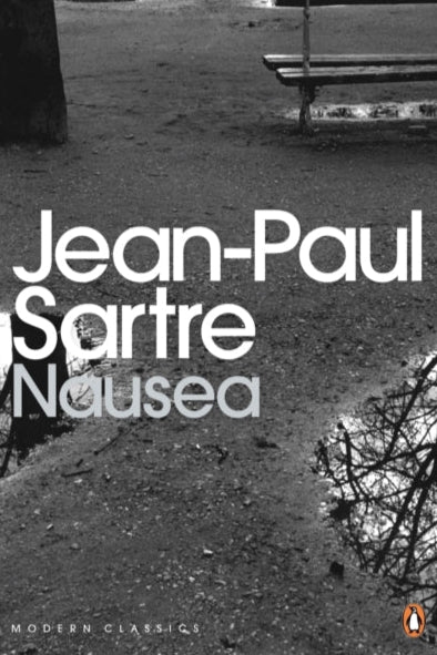 Book cover of 'Nausea' by Jean-Paul Sartre with a black and white photo of a bench and tree.