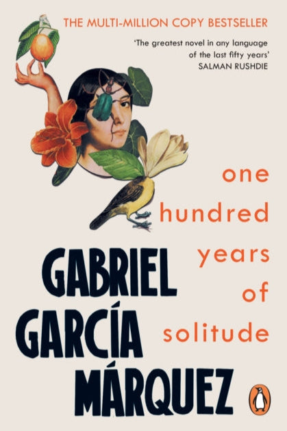 Book cover of 'One Hundred Years of Solitude' by Gabriel Garcia Marquez with a stylized illustration of a woman holding an orange.