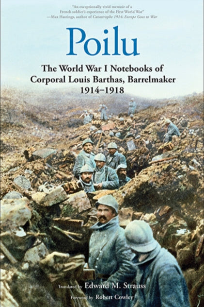 Book cover of 'Poilu' with soldiers in a trench on a mountainous landscape.