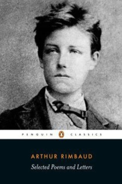 Book cover of 'Selected Poems and Letters' by Arthur Rimbaud with a portrait of the author on a gray background.