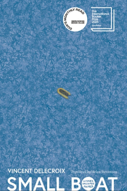 Book cover of 'Small Boat' by Vincent Delecroix with a blue textured background and a small yellow boat.